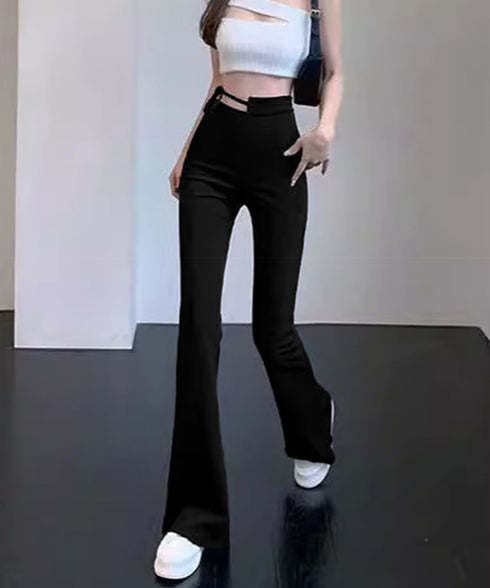 フレアスキニーパンツウエストカットアウト リボンベルトスリムパンツ レディースストレッチパンツ ハイウエストリラックスパンツ春夏秋 韓国風無地ロングパンツきれいめ 84GZYM-003