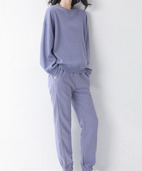 ワッフルスウェットセットアップ 春秋長袖 レディース ジャージ上下セット カジュアルトレーナースウェットパンツセット 無地ウォーキング服 ダンス衣装 ルームウェア 84GZYM-004