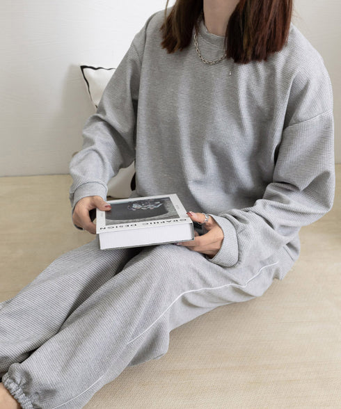 ワッフルスウェットセットアップ 春秋長袖 レディース ジャージ上下セット カジュアルトレーナースウェットパンツセット 無地ウォーキング服 ダンス衣装 ルームウェア 84GZYM-004