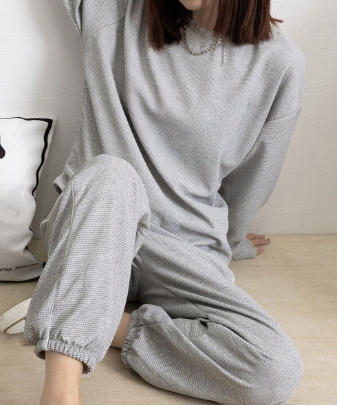 ワッフルスウェットセットアップ 春秋長袖 レディース ジャージ上下セット カジュアルトレーナースウェットパンツセット 無地ウォーキング服 ダンス衣装 ルームウェア 84GZYM-004