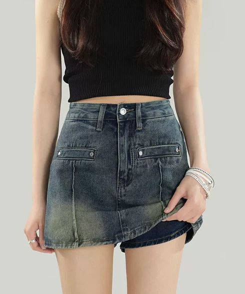 デニムスカパン キュロットスカート韓国風 ミニスカパン デニムスカート ハイウエストデニムショートパンツ ストリート系チラ見せ防止タイトスカート 美脚美尻ボトムス 84GZYM-005