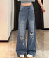 ダメージデニムパンツ ワイドレッグデニム レディース ハイウエスト ロングパンツ ウォッシュ加工 ストレートパンツ 着やせ 韓国風ジーパン ゆったり ボトムス脚長 84GZYM-006