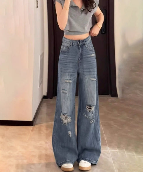 ダメージデニムパンツ ワイドレッグデニム レディース ハイウエスト ロングパンツ ウォッシュ加工 ストレートパンツ 着やせ 韓国風ジーパン ゆったり ボトムス脚長 84GZYM-006