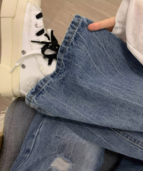 ダメージデニムパンツ ワイドレッグデニム レディース ハイウエスト ロングパンツ ウォッシュ加工 ストレートパンツ 着やせ 韓国風ジーパン ゆったり ボトムス脚長 84GZYM-006