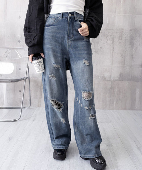 ダメージデニムパンツ ワイドレッグデニム レディース ハイウエスト ロングパンツ ウォッシュ加工 ストレートパンツ 着やせ 韓国風ジーパン ゆったり ボトムス脚長 84GZYM-006