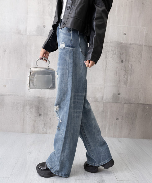 ダメージデニムパンツ ワイドレッグデニム レディース ハイウエスト ロングパンツ ウォッシュ加工 ストレートパンツ 着やせ 韓国風ジーパン ゆったり ボトムス脚長 84GZYM-006