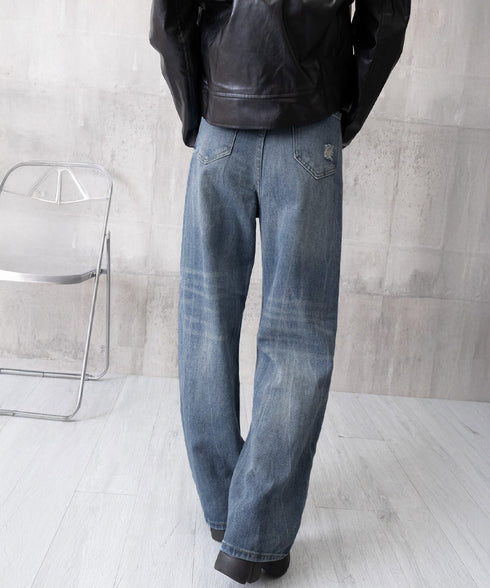 ダメージデニムパンツ ワイドレッグデニム レディース ハイウエスト ロングパンツ ウォッシュ加工 ストレートパンツ 着やせ 韓国風ジーパン ゆったり ボトムス脚長 84GZYM-006