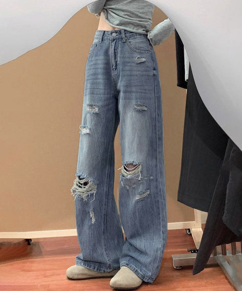 ダメージデニムパンツ ワイドレッグデニム レディース ハイウエスト ロングパンツ ウォッシュ加工 ストレートパンツ 着やせ 韓国風ジーパン ゆったり ボトムス脚長 84GZYM-006