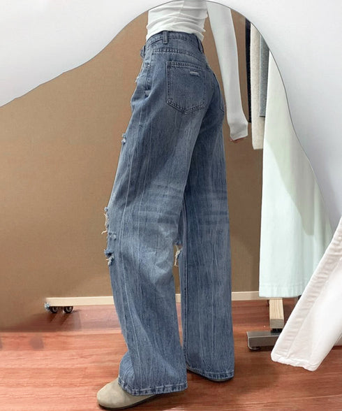 ダメージデニムパンツ ワイドレッグデニム レディース ハイウエスト ロングパンツ ウォッシュ加工 ストレートパンツ 着やせ 韓国風ジーパン ゆったり ボトムス脚長 84GZYM-006