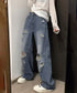 ダメージデニムパンツ ワイドレッグデニム レディース ハイウエスト ロングパンツ ウォッシュ加工 ストレートパンツ 着やせ 韓国風ジーパン ゆったり ボトムス脚長 84GZYM-006