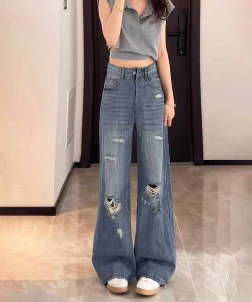 ダメージデニムパンツ ワイドレッグデニム レディース ハイウエスト ロングパンツ ウォッシュ加工 ストレートパンツ 着やせ 韓国風ジーパン ゆったり ボトムス脚長 84GZYM-006