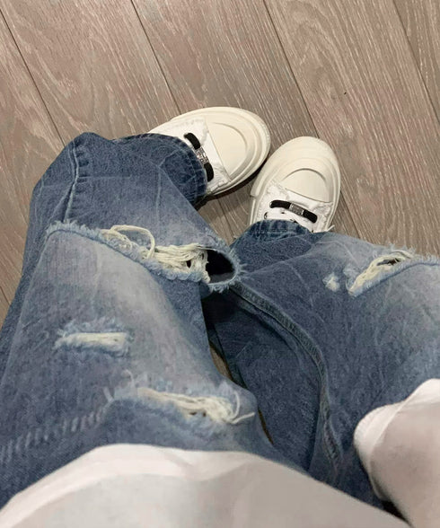 ダメージデニムパンツ ワイドレッグデニム レディース ハイウエスト ロングパンツ ウォッシュ加工 ストレートパンツ 着やせ 韓国風ジーパン ゆったり ボトムス脚長 84GZYM-006