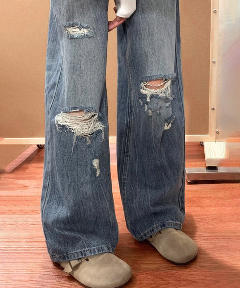 ダメージデニムパンツ ワイドレッグデニム レディース ハイウエスト ロングパンツ ウォッシュ加工 ストレートパンツ 着やせ 韓国風ジーパン ゆったり ボトムス脚長 84GZYM-006