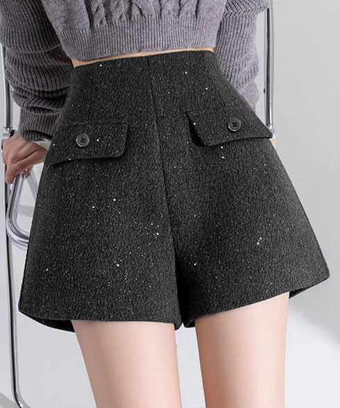 ラメ付きショートパンツ 秋冬 ツイード風 レディース 体型カバーワイドパンツ ハイウエストきれいめ短パンおしゃれ 着やせショーパン美脚脚長 韓国風ポケットデザイン 84GZYM-008