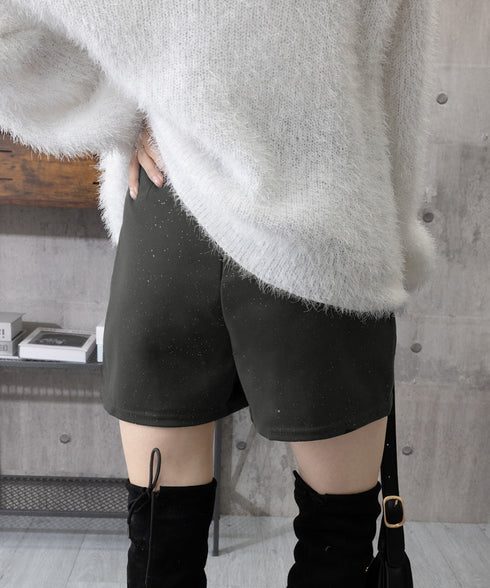ラメ付きショートパンツ 秋冬 ツイード風 レディース 体型カバーワイドパンツ ハイウエストきれいめ短パンおしゃれ 着やせショーパン美脚脚長 韓国風ポケットデザイン 84GZYM-008