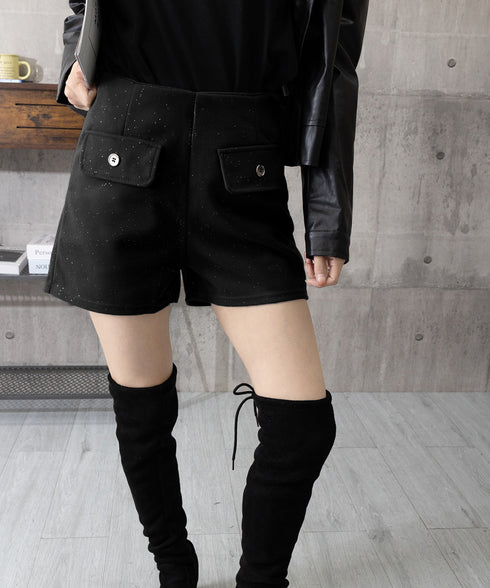 ラメ付きショートパンツ 秋冬 ツイード風 レディース 体型カバーワイドパンツ ハイウエストきれいめ短パンおしゃれ 着やせショーパン美脚脚長 韓国風ポケットデザイン 84GZYM-008