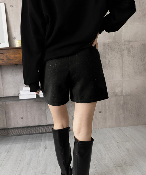 ラメ付きショートパンツ 秋冬 ツイード風 レディース 体型カバーワイドパンツ ハイウエストきれいめ短パンおしゃれ 着やせショーパン美脚脚長 韓国風ポケットデザイン 84GZYM-008
