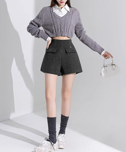 ラメ付きショートパンツ 秋冬 ツイード風 レディース 体型カバーワイドパンツ ハイウエストきれいめ短パンおしゃれ 着やせショーパン美脚脚長 韓国風ポケットデザイン 84GZYM-008