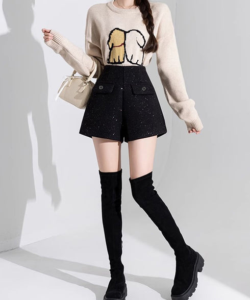 ラメ付きショートパンツ 秋冬 ツイード風 レディース 体型カバーワイドパンツ ハイウエストきれいめ短パンおしゃれ 着やせショーパン美脚脚長 韓国風ポケットデザイン 84GZYM-008