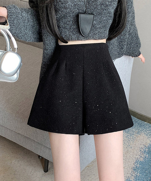 ラメツイード風ショートパンツハイウエスト 大人可愛いAラインショーパン キラキラ タック短パン 春秋冬 美脚脚長 ミニ丈パンツ膝上丈 ワイドショートパンツ 着やせ 84GZYM-009