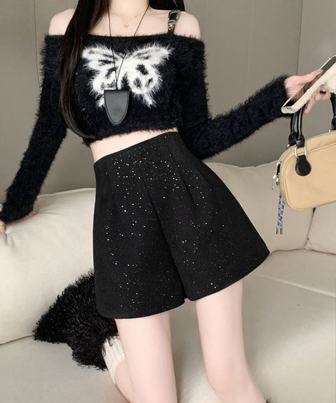 ラメツイード風ショートパンツハイウエスト 大人可愛いAラインショーパン キラキラ タック短パン 春秋冬 美脚脚長 ミニ丈パンツ膝上丈 ワイドショートパンツ 着やせ 84GZYM-009