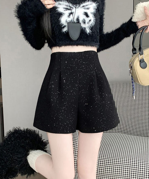 ラメツイード風ショートパンツハイウエスト 大人可愛いAラインショーパン キラキラ タック短パン 春秋冬 美脚脚長 ミニ丈パンツ膝上丈 ワイドショートパンツ 着やせ 84GZYM-009