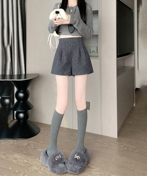 ラメツイード風ショートパンツハイウエスト 大人可愛いAラインショーパン キラキラ タック短パン 春秋冬 美脚脚長 ミニ丈パンツ膝上丈 ワイドショートパンツ 着やせ 84GZYM-009