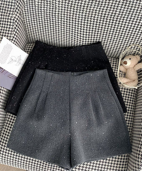ラメツイード風ショートパンツハイウエスト 大人可愛いAラインショーパン キラキラ タック短パン 春秋冬 美脚脚長 ミニ丈パンツ膝上丈 ワイドショートパンツ 着やせ 84GZYM-009