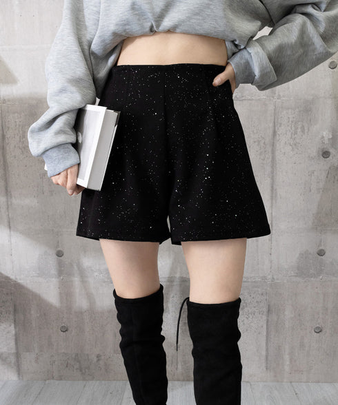ラメツイード風ショートパンツハイウエスト 大人可愛いAラインショーパン キラキラ タック短パン 春秋冬 美脚脚長 ミニ丈パンツ膝上丈 ワイドショートパンツ 着やせ 84GZYM-009