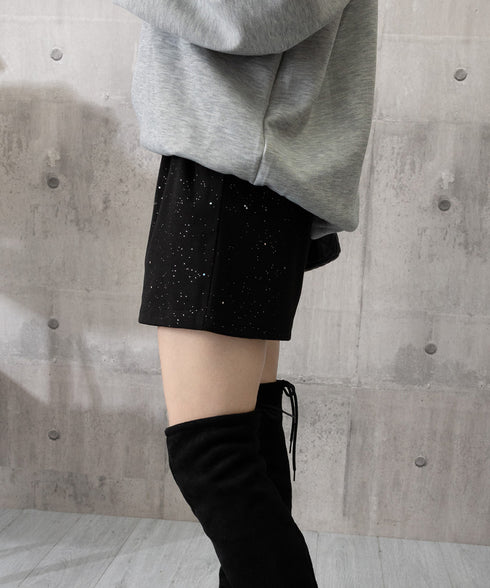 ラメツイード風ショートパンツハイウエスト 大人可愛いAラインショーパン キラキラ タック短パン 春秋冬 美脚脚長 ミニ丈パンツ膝上丈 ワイドショートパンツ 着やせ 84GZYM-009