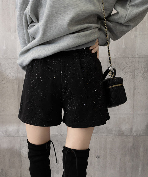 ラメツイード風ショートパンツハイウエスト 大人可愛いAラインショーパン キラキラ タック短パン 春秋冬 美脚脚長 ミニ丈パンツ膝上丈 ワイドショートパンツ 着やせ 84GZYM-009