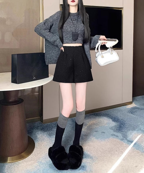 ラメツイード風ショートパンツハイウエスト 大人可愛いAラインショーパン キラキラ タック短パン 春秋冬 美脚脚長 ミニ丈パンツ膝上丈 ワイドショートパンツ 着やせ 84GZYM-009