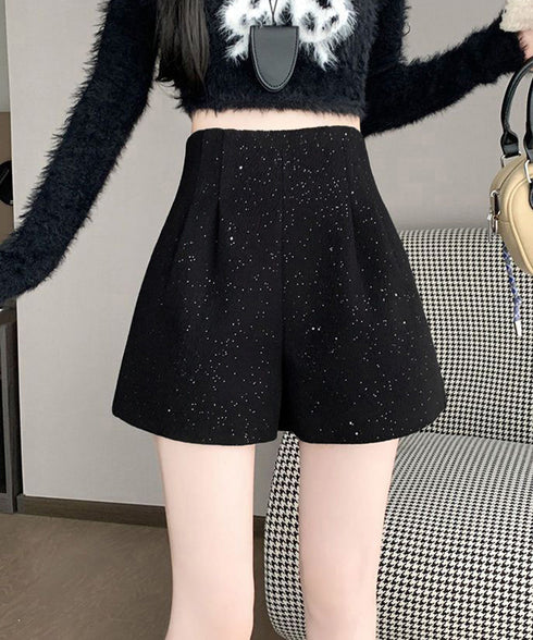 ラメツイード風ショートパンツハイウエスト 大人可愛いAラインショーパン キラキラ タック短パン 春秋冬 美脚脚長 ミニ丈パンツ膝上丈 ワイドショートパンツ 着やせ 84GZYM-009