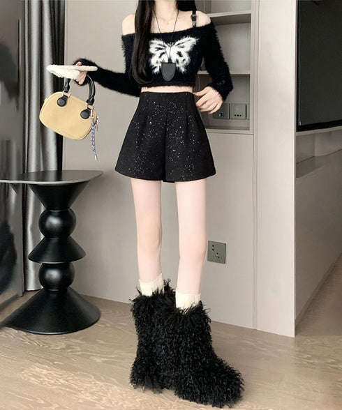 ラメツイード風ショートパンツハイウエスト 大人可愛いAラインショーパン キラキラ タック短パン 春秋冬 美脚脚長 ミニ丈パンツ膝上丈 ワイドショートパンツ 着やせ 84GZYM-009