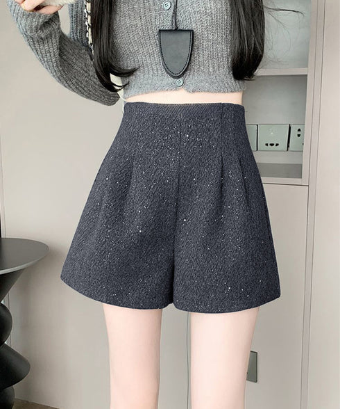 ラメツイード風ショートパンツハイウエスト 大人可愛いAラインショーパン キラキラ タック短パン 春秋冬 美脚脚長 ミニ丈パンツ膝上丈 ワイドショートパンツ 着やせ 84GZYM-009