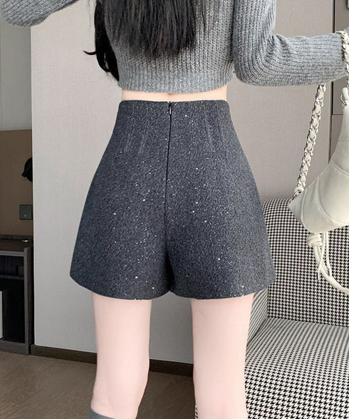 ラメツイード風ショートパンツハイウエスト 大人可愛いAラインショーパン キラキラ タック短パン 春秋冬 美脚脚長 ミニ丈パンツ膝上丈 ワイドショートパンツ 着やせ 84GZYM-009