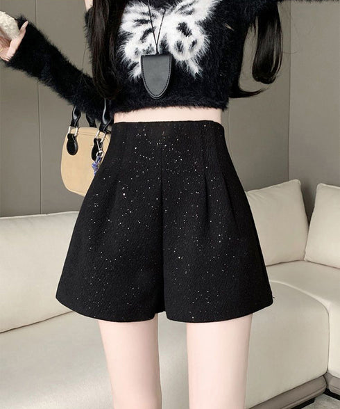 ラメツイード風ショートパンツハイウエスト 大人可愛いAラインショーパン キラキラ タック短パン 春秋冬 美脚脚長 ミニ丈パンツ膝上丈 ワイドショートパンツ 着やせ 84GZYM-009