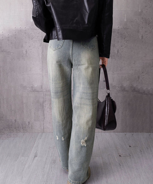 ダメージデニムパンツ レディースジーンズ ハイウエストウォッシュ加工デニム 着やせ ストレートデニムおしゃれ カジュアルパンツ アメカジデニム ビンテージジーンズ 84GZYM-010