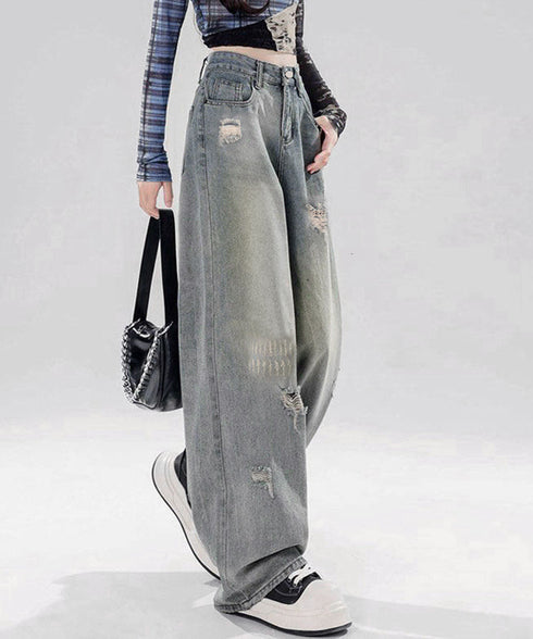 ダメージデニムパンツ レディースジーンズ ハイウエストウォッシュ加工デニム 着やせ ストレートデニムおしゃれ カジュアルパンツ アメカジデニム ビンテージジーンズ 84GZYM-010
