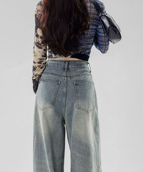 ダメージデニムパンツ レディースジーンズ ハイウエストウォッシュ加工デニム 着やせ ストレートデニムおしゃれ カジュアルパンツ アメカジデニム ビンテージジーンズ 84GZYM-010