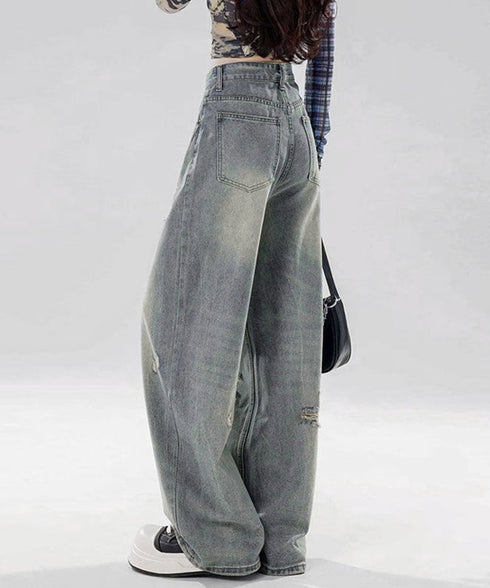 ダメージデニムパンツ レディースジーンズ ハイウエストウォッシュ加工デニム 着やせ ストレートデニムおしゃれ カジュアルパンツ アメカジデニム ビンテージジーンズ 84GZYM-010