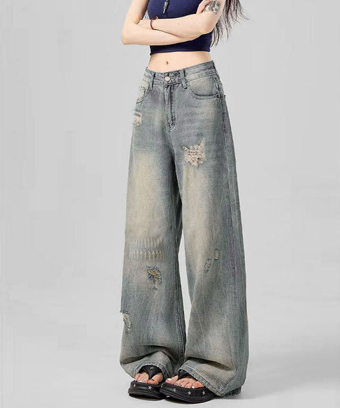 ダメージデニムパンツ レディースジーンズ ハイウエストウォッシュ加工デニム 着やせ ストレートデニムおしゃれ カジュアルパンツ アメカジデニム ビンテージジーンズ 84GZYM-010