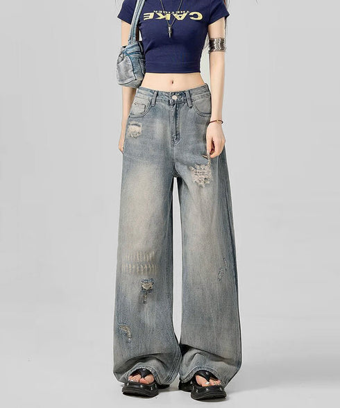 ダメージデニムパンツ レディースジーンズ ハイウエストウォッシュ加工デニム 着やせ ストレートデニムおしゃれ カジュアルパンツ アメカジデニム ビンテージジーンズ 84GZYM-010