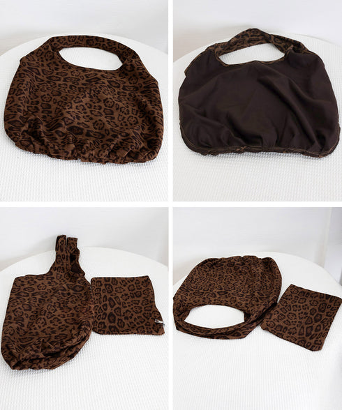 レオパードトートバッグ 大容量バッグ軽い ポーチ付きショルダートート 秋冬ヒョウ柄鞄 アニマル柄バッグ 軽量A4対応 カジュアル肩掛け鞄 折り畳めるサブバッグ旅行 84HBJP-011