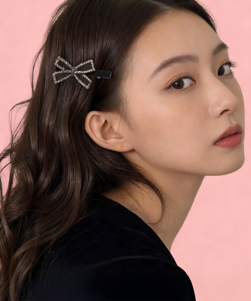 ヘアクリップ2個組リボンワニクリップミニ パールリボンピン きれいめ 前髪クリップキラキラ オシャレヘアアクセサリープチプラしっかり留まるヘアピン ビジュー髪飾り 84HG-002