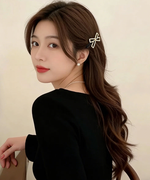 ヘアクリップ2個組リボンワニクリップミニ パールリボンピン きれいめ 前髪クリップキラキラ オシャレヘアアクセサリープチプラしっかり留まるヘアピン ビジュー髪飾り 84HG-002