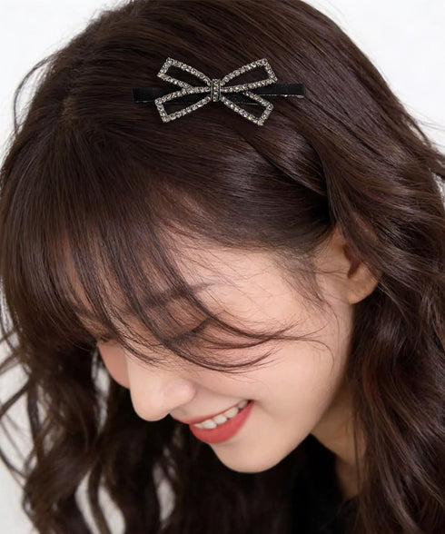 ヘアクリップ2個組リボンワニクリップミニ パールリボンピン きれいめ 前髪クリップキラキラ オシャレヘアアクセサリープチプラしっかり留まるヘアピン ビジュー髪飾り 84HG-002