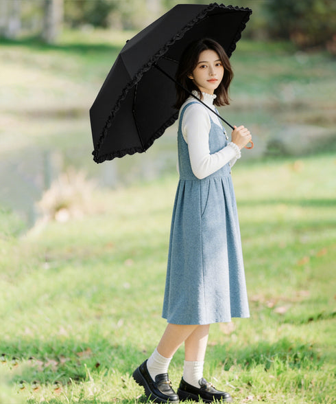 3段折りたたみ傘収納袋付き耐風晴雨兼用傘 フェミニンフリルミニ雨傘 紫外線対策UV対策3段式雨傘 日焼け防止 ゴールドハンドル遮光傘軽量 携帯便利日傘コンパクト傘 84HONGXIN-002