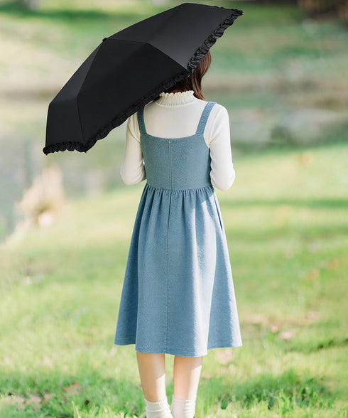3段折りたたみ傘収納袋付き耐風晴雨兼用傘 フェミニンフリルミニ雨傘 紫外線対策UV対策3段式雨傘 日焼け防止 ゴールドハンドル遮光傘軽量 携帯便利日傘コンパクト傘 84HONGXIN-002