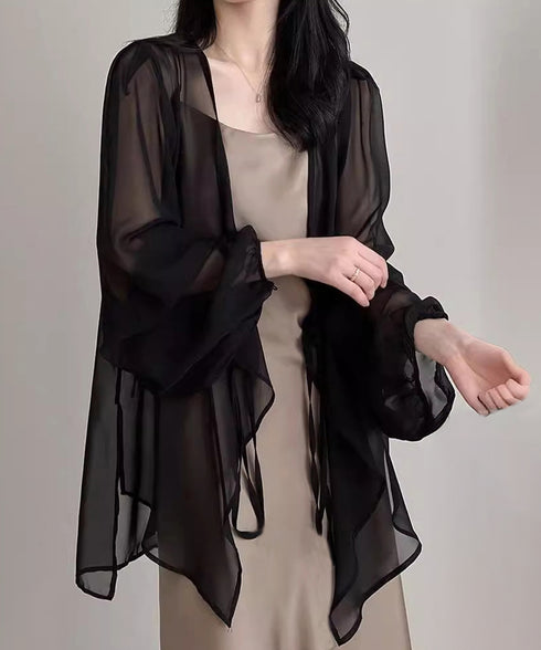 シアーカーディガン レディース薄手羽織り シースルーロングカーディガン バルーンスリーブシアーシャツ 春夏ライトアウター日焼け防止長袖 リボンロングシャツ 透け感 84JIAXUN-001